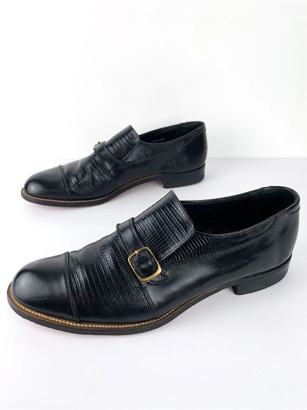 Stacy Adams lizard embossed black leather cap toe monk strap dress shoes size 11